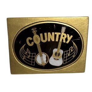 Country Music Belt Buckle Solid Brass With Guitar Banjo Music Notes 3 x 2"